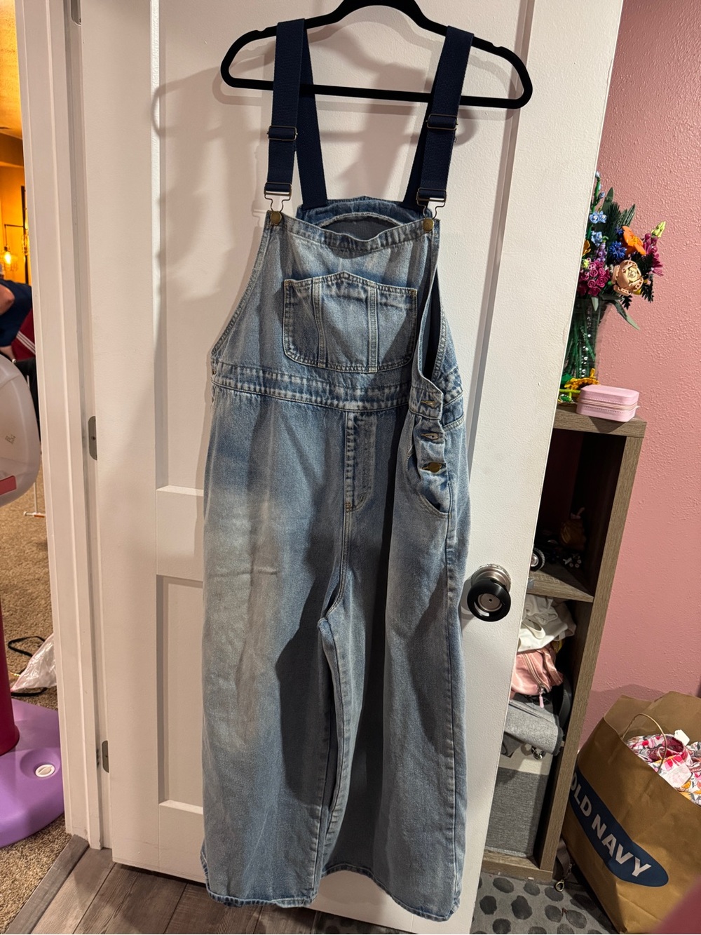 Cider Light Wash Denim Overalls with Navy Straps